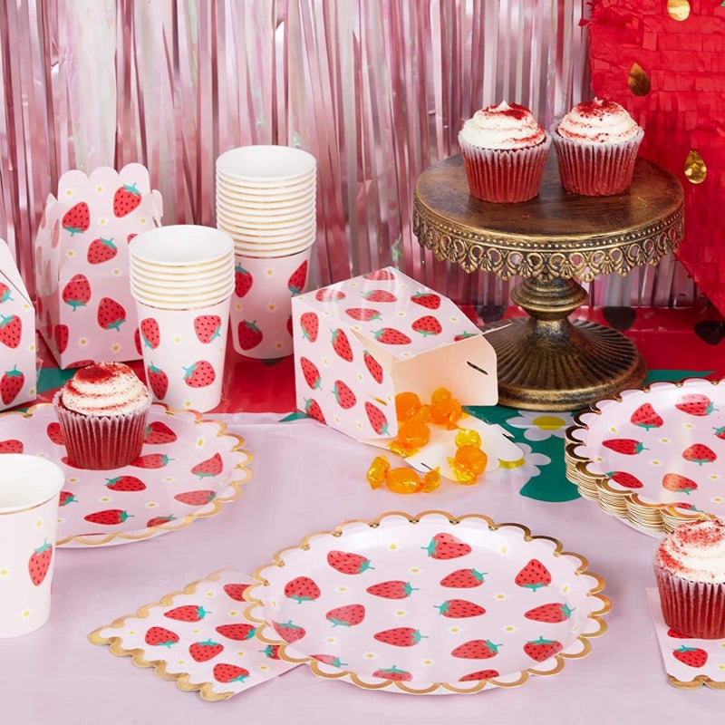 Sparkle and Bash Strawberry Tablecloth & Birthday Party Decorations Set - 87-Piece Pink Daisy-Print Plates, Cups, Napkins & Favor Boxes - Banner & Party Supplies - Image 2